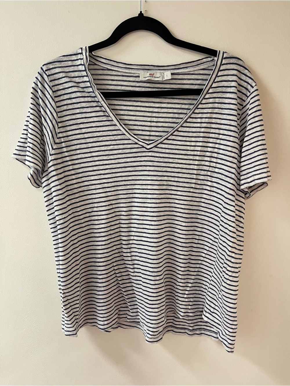 100% linen Striped V-Neck Short Sleeve Top - White & Navy